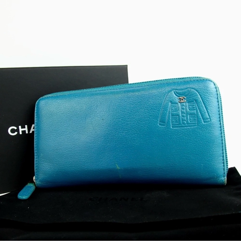 Authentic CHANEL COCO Mark jacket turquoise wallet with Box dustbag & COA